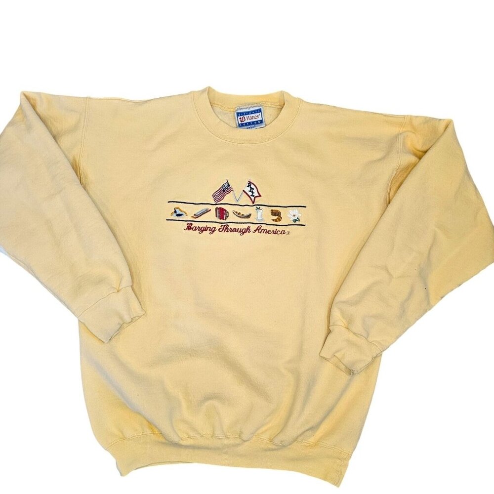 Vintage 90s Barging Through America Crewneck Sweatshirt Yellow Size S/M READ